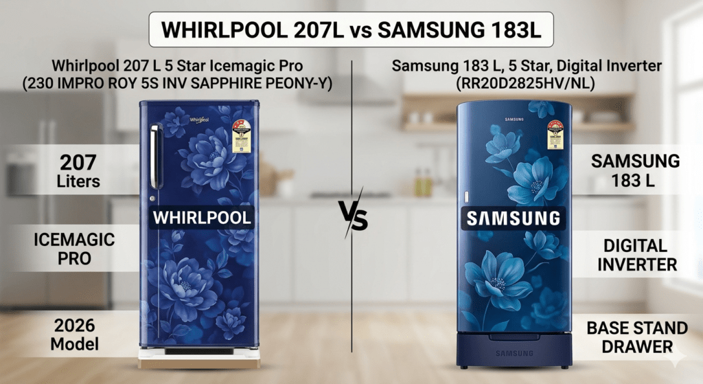 Whirlpool 207 L vs Samsung 183 L: Side-by-Side Hero Comparison showing design and capacity labels