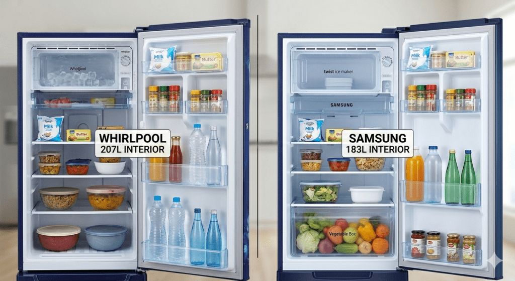 Interior Capacity and Shelf Comparison: Whirlpool (Left, 207 L) showing more space packed with common Indian items versus Samsung (Right, 183 L).