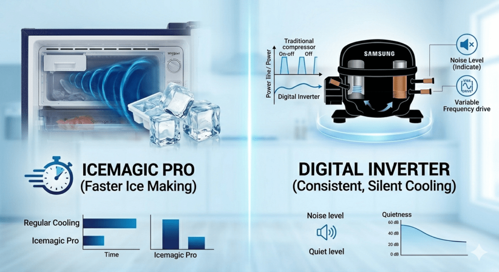 Cooling Technology Breakdown Infographic: Whirlpool (Left, Icemagic Pro conceptual rapid cooling for ice) vs Samsung (Right, Digital Inverter smooth variable speed and consistent cooling).