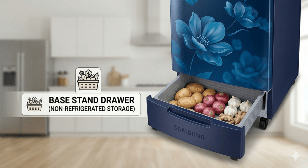 Base Stand Drawer Closer-Up: Detailed close-up of Samsung's Base Stand Drawer open, packed with potatoes and onions.