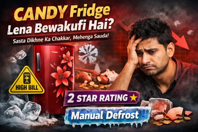CANDY 185L 2 Star refrigerator with floral design showing high electricity bill warning, manual defrost issue and poor energy efficiency concerns