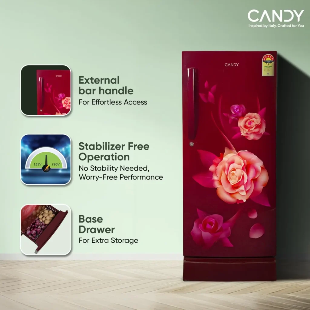 CANDY 190L fridge red rose design with external handle stabilizer free operation and base drawer storage