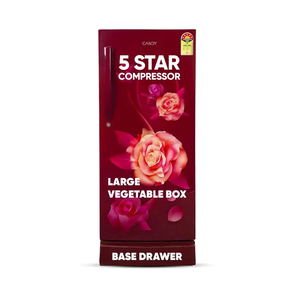 CANDY 190L 5 star refrigerator red floral design with base drawer and energy rating label