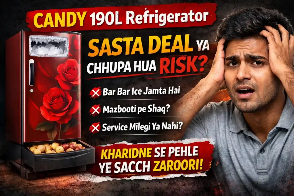 CANDY 190L refrigerator review image showing cooling issues ice buildup and worried buyer expression