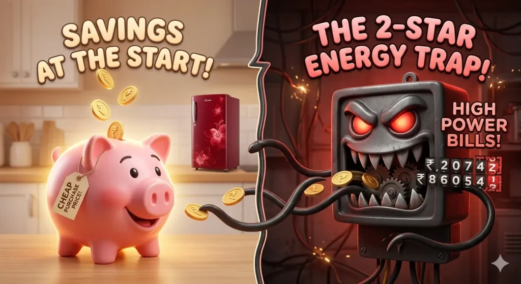 comparison of cheap fridge savings vs high electricity bill energy trap with piggy bank and monster illustration