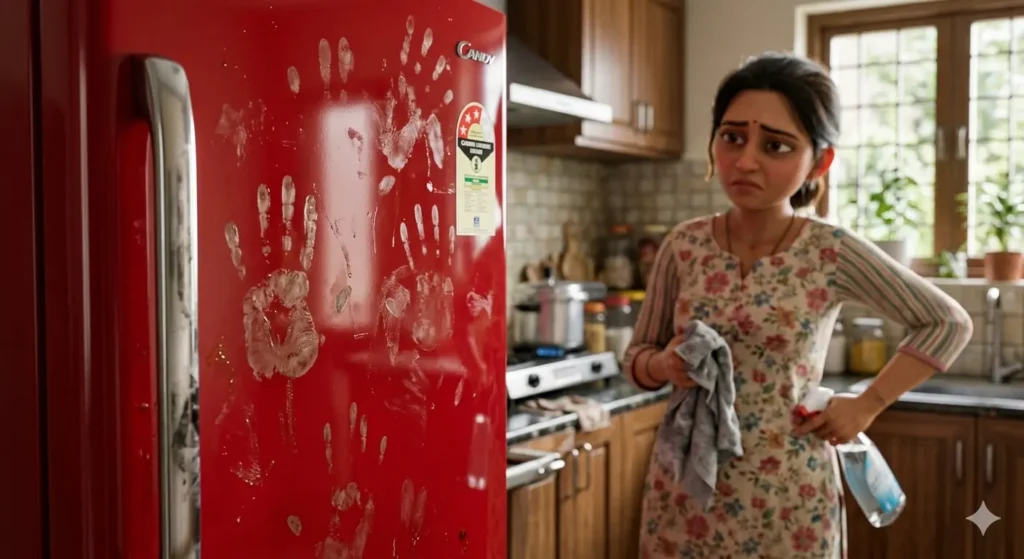 Indian woman cleaning dirty refrigerator with hand marks and stains in kitchen