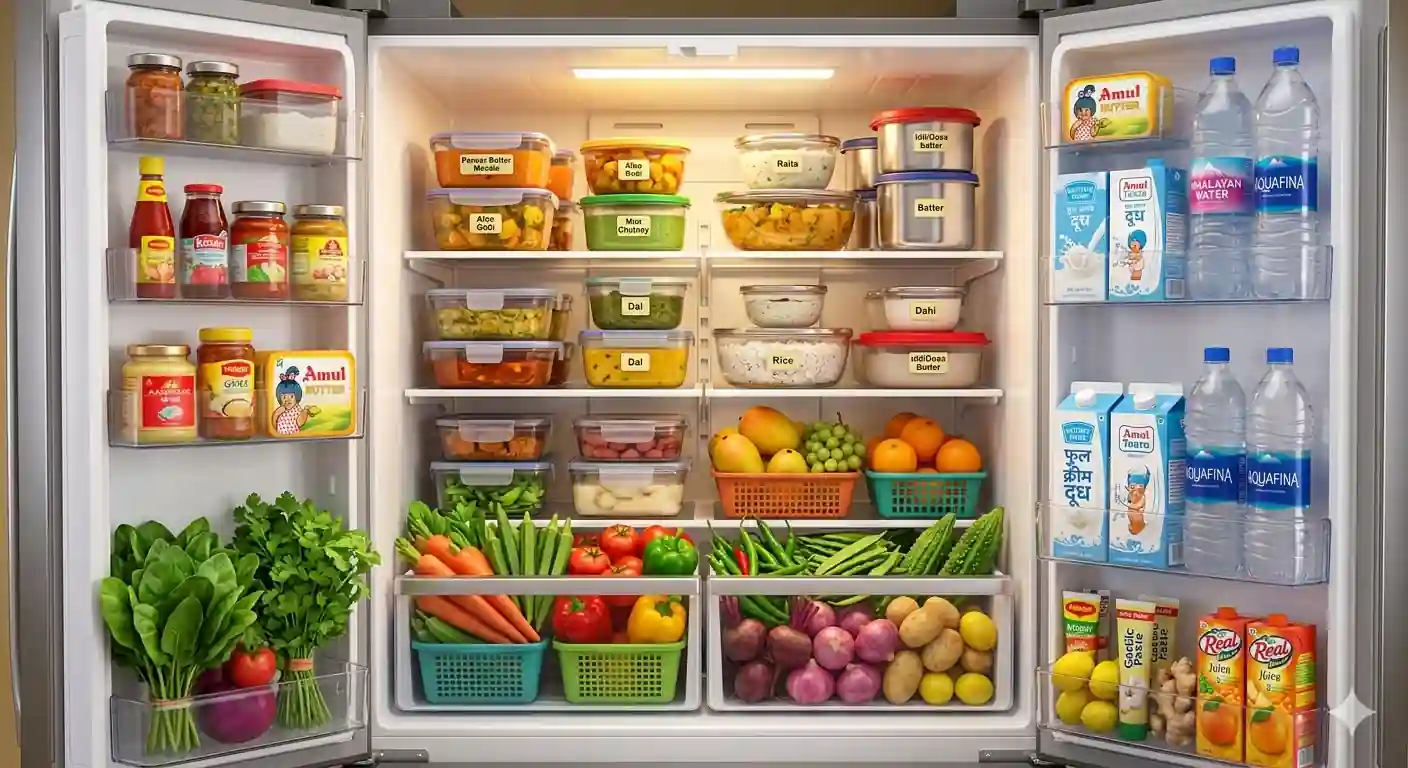 double door refrigerator storage capacity with vegetables fruits bottles and containers organized inside fridge