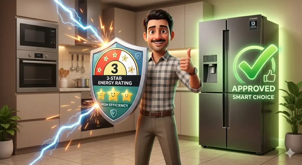 man showing energy efficient refrigerator with 3 star rating and approved smart choice
