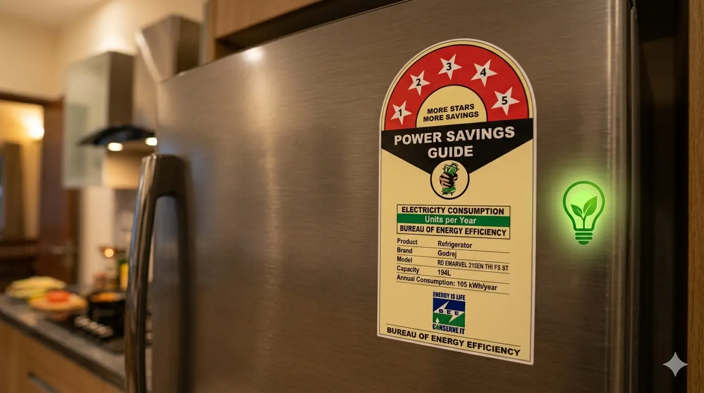 Godrej refrigerator 5 star energy rating sticker showing annual electricity consumption details
