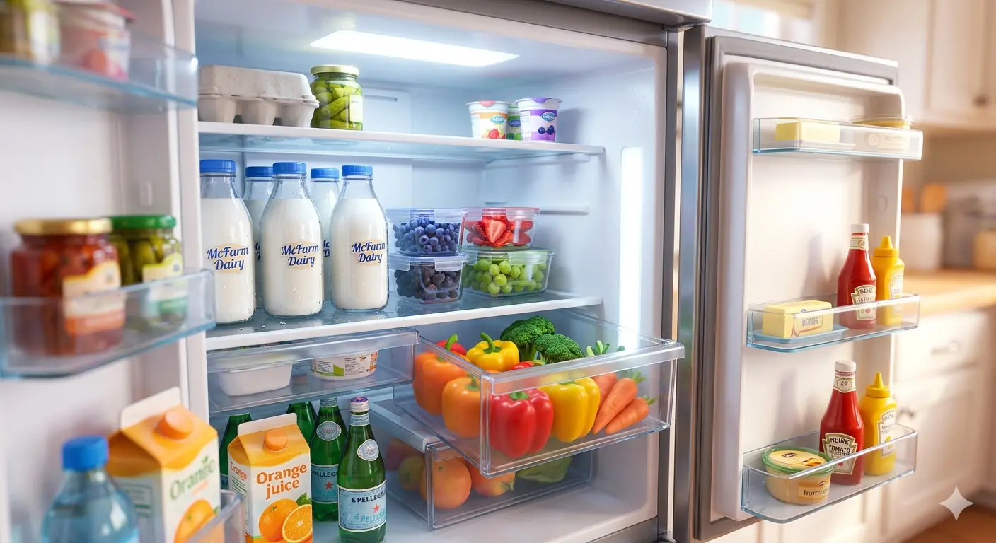 Godrej 194l refrigerator interior with shelves vegetable box and bottle storage