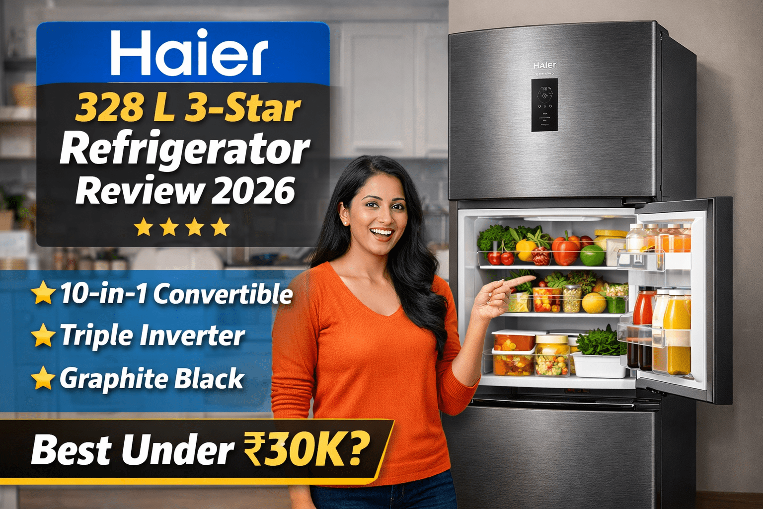 Haier 328 litre 3 star double door refrigerator graphite black with 10 in 1 convertible modes and triple inverter technology in modern kitchen