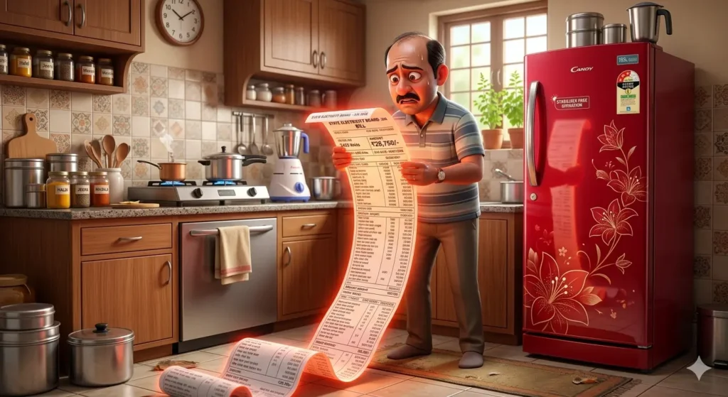 Indian man shocked by high electricity bill due to inefficient refrigerator in kitchen