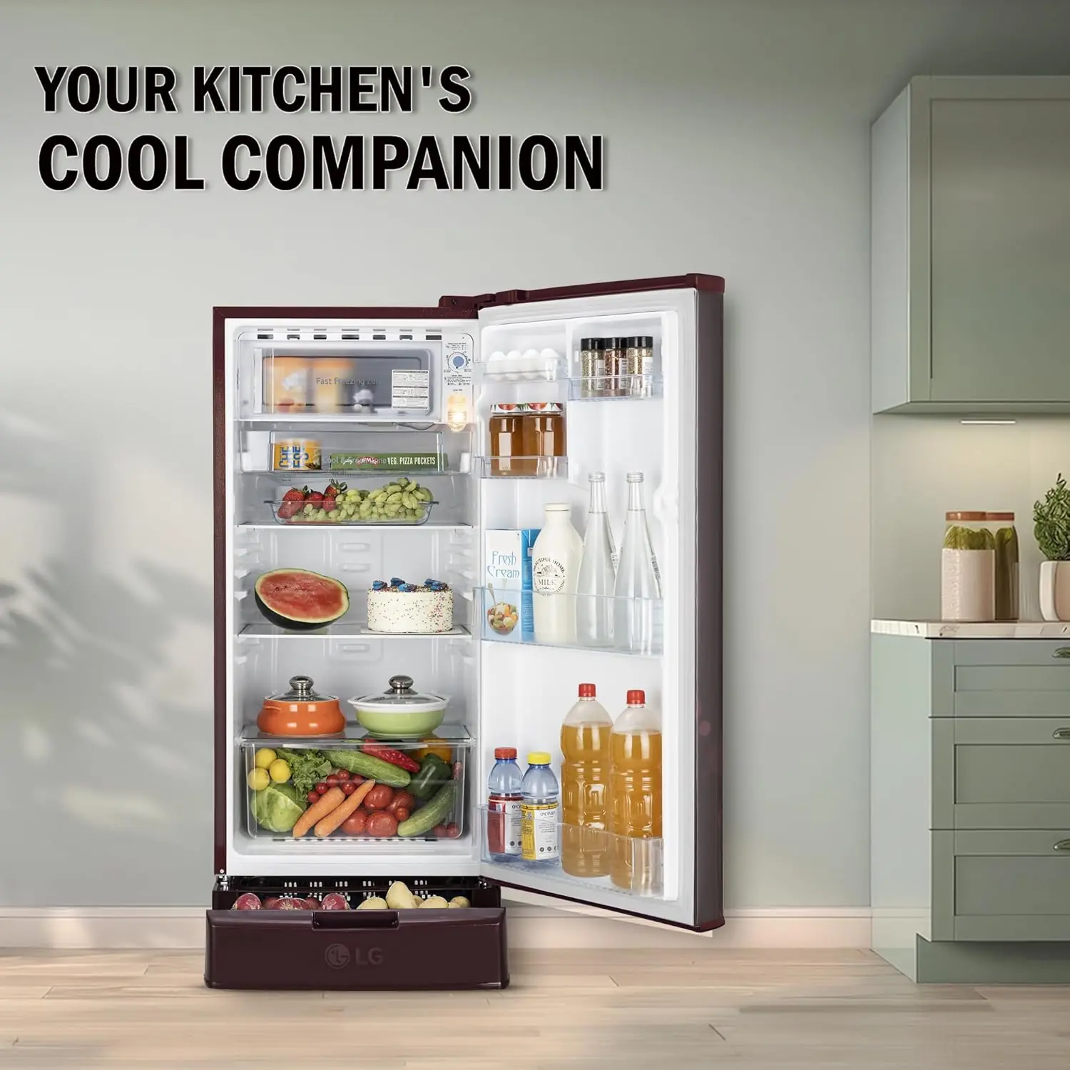 LG single door refrigerator in modern kitchen full storage display vegetables bottles and food items