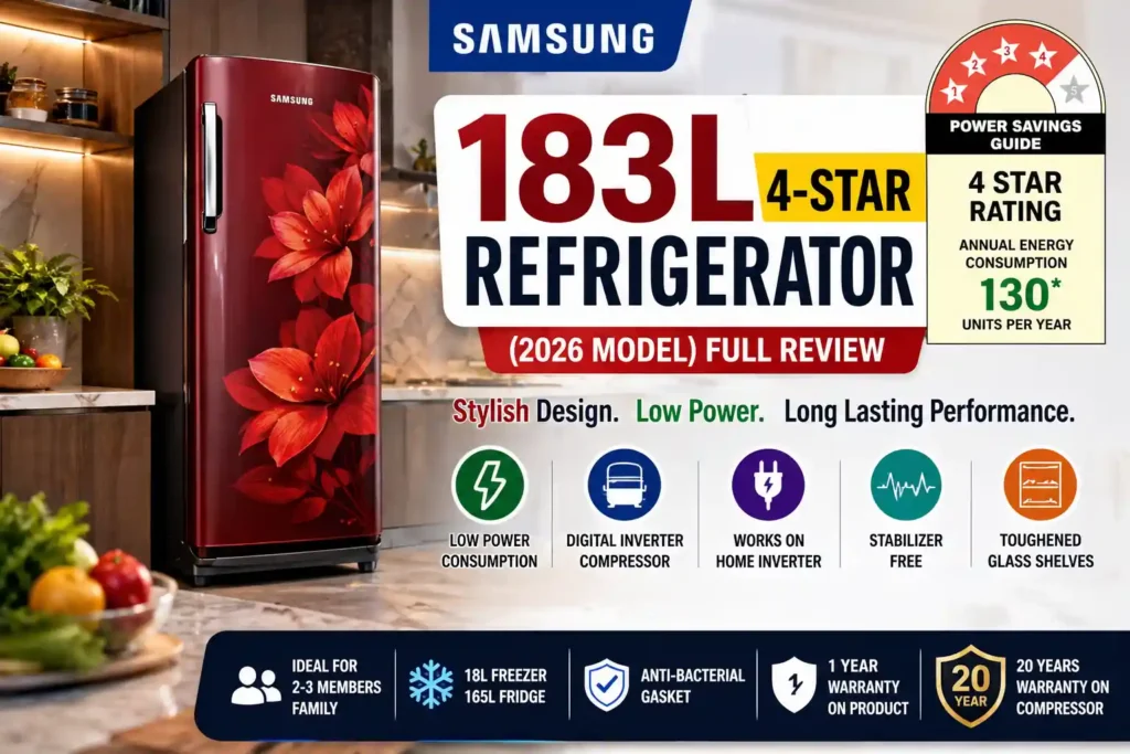 Samsung 183L 4-star digital inverter refrigerator 2026 model with red Paradise Bloom floral design, energy efficient single door fridge for small family kitchen