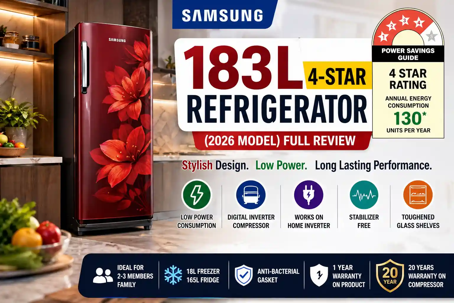 Samsung 183L 4-star digital inverter refrigerator 2026 model with red Paradise Bloom floral design, energy efficient single door fridge for small family kitchen
