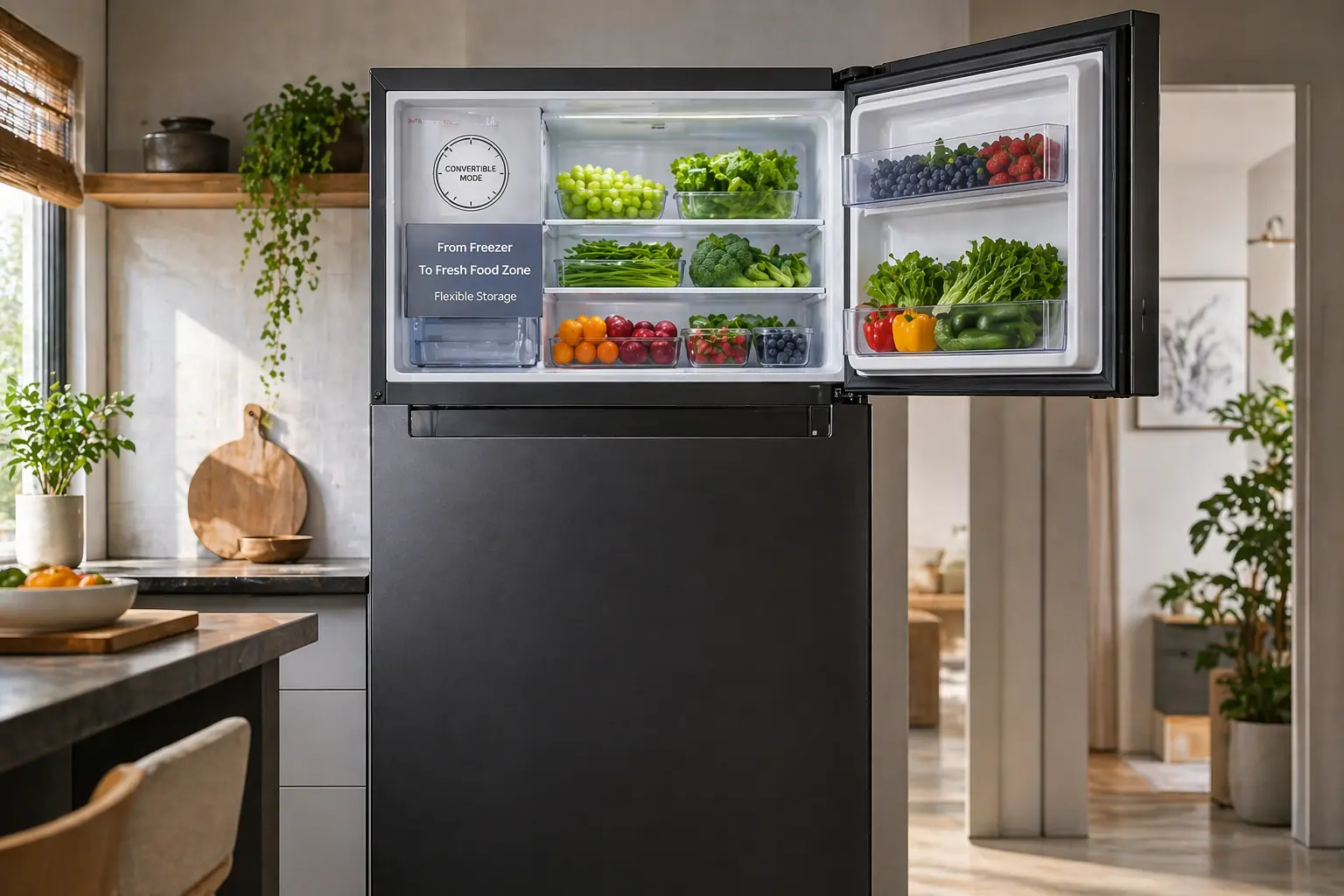 Samsung convertible fridge with freezer converted into fridge storing vegetables and fruits