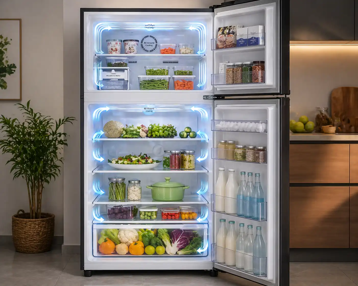 Samsung double door fridge interior with all around cooling airflow and fresh food