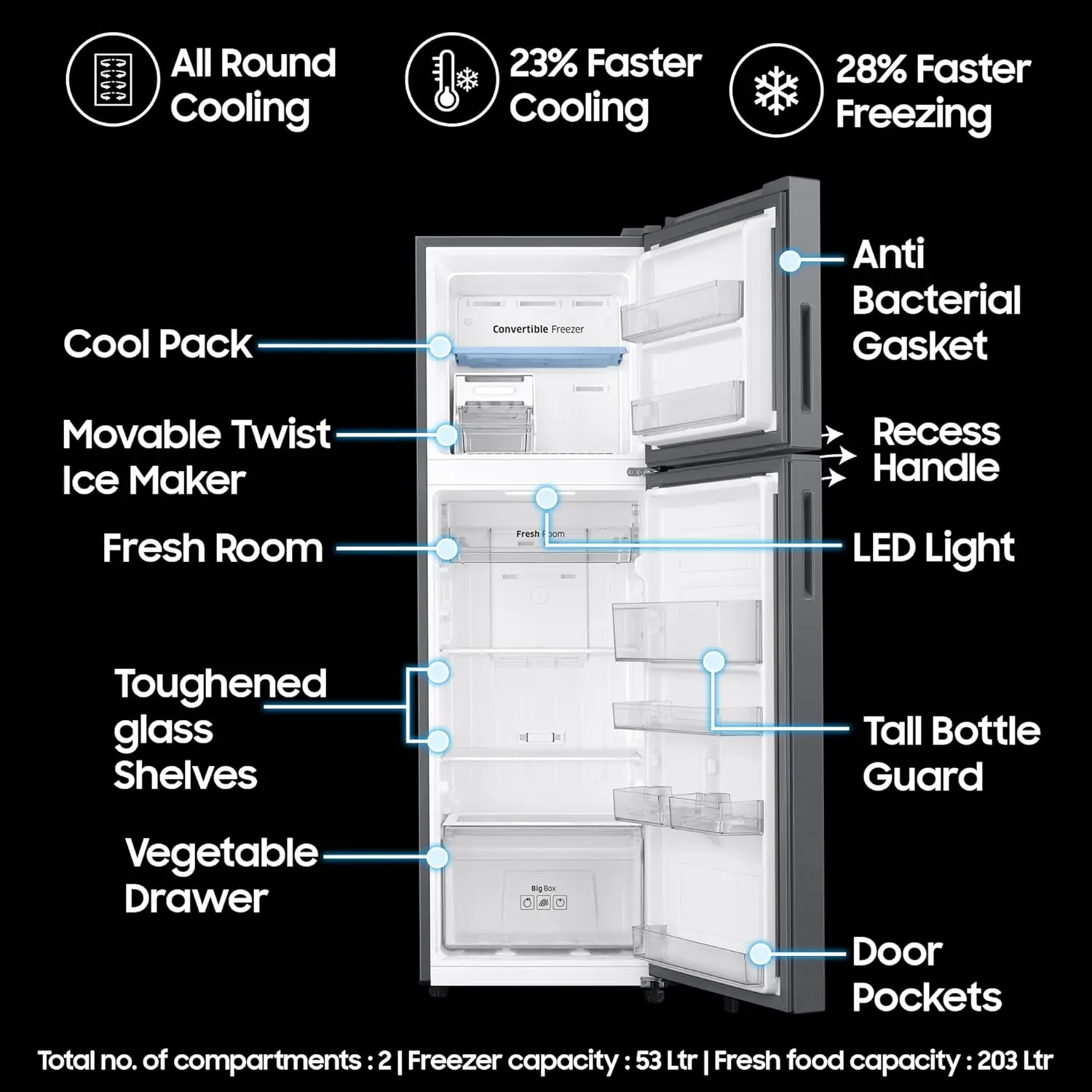 Samsung 256L Bespoke AI refrigerator interior with shelves vegetable drawer ice maker and all round cooling system