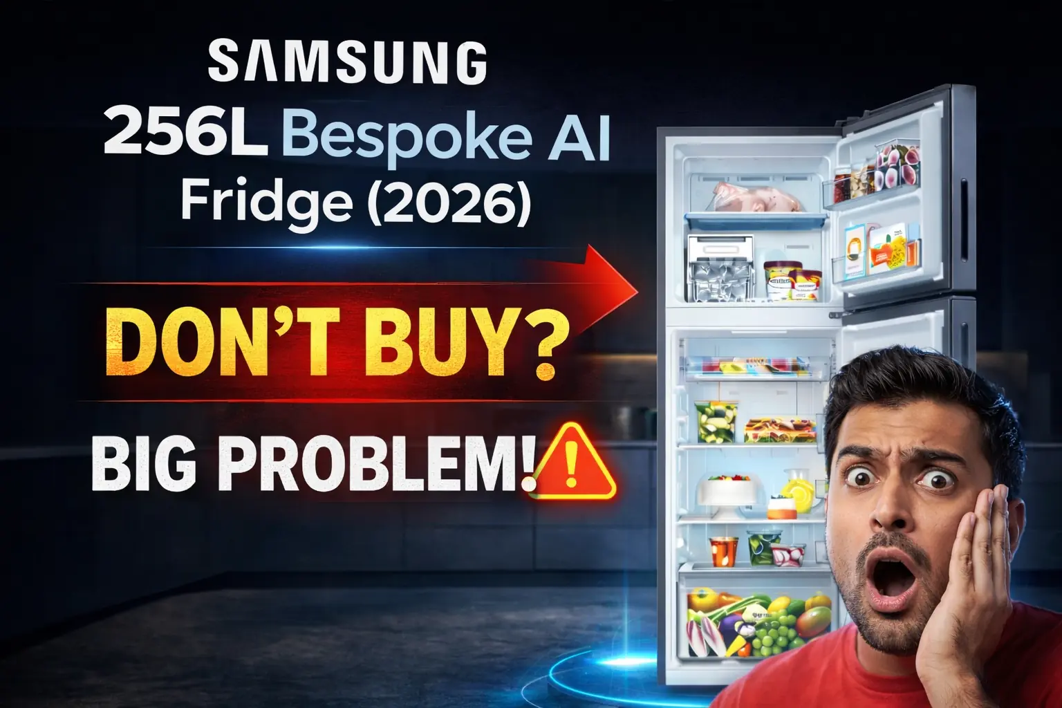 Samsung 256L Bespoke AI fridge review 2026 don’t buy warning with big problem highlighted on refrigerator image