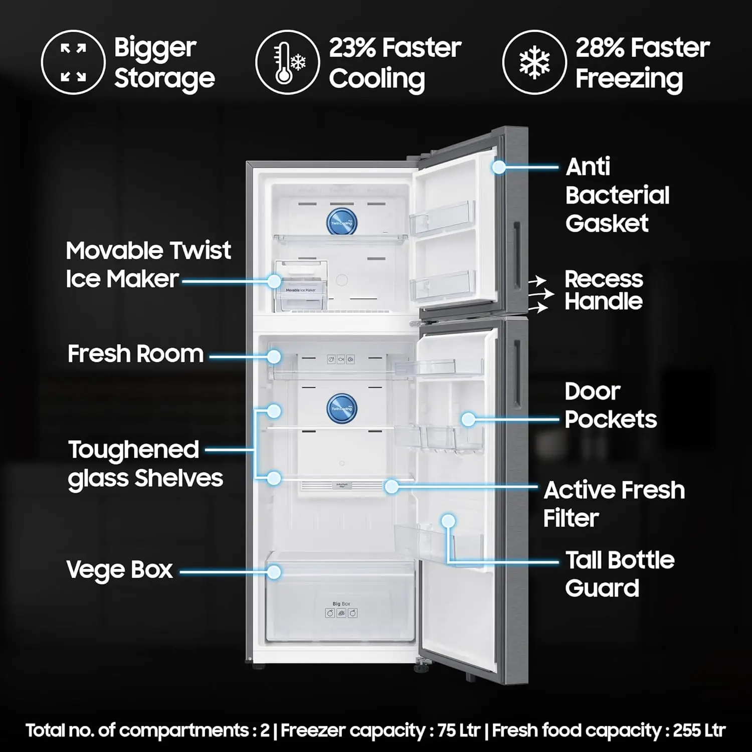 Samsung refrigerator interior showing toughened glass shelves, vegetable box, twist ice maker and door pockets