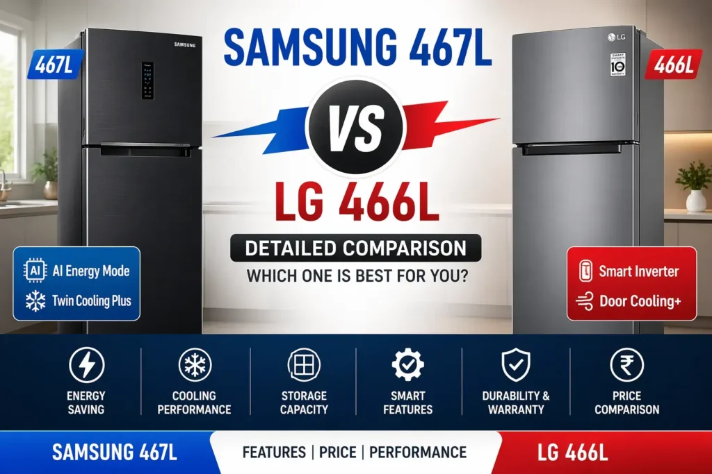 Samsung 467L vs LG 466L refrigerator comparison banner with features energy saving cooling performance and smart features