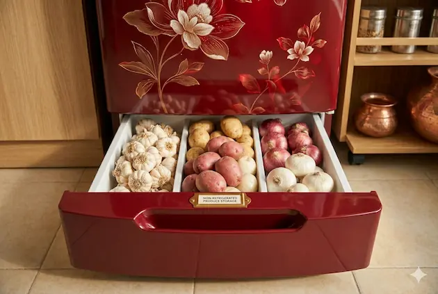 Samsung refrigerator base stand drawer storing vegetables like onion and potato