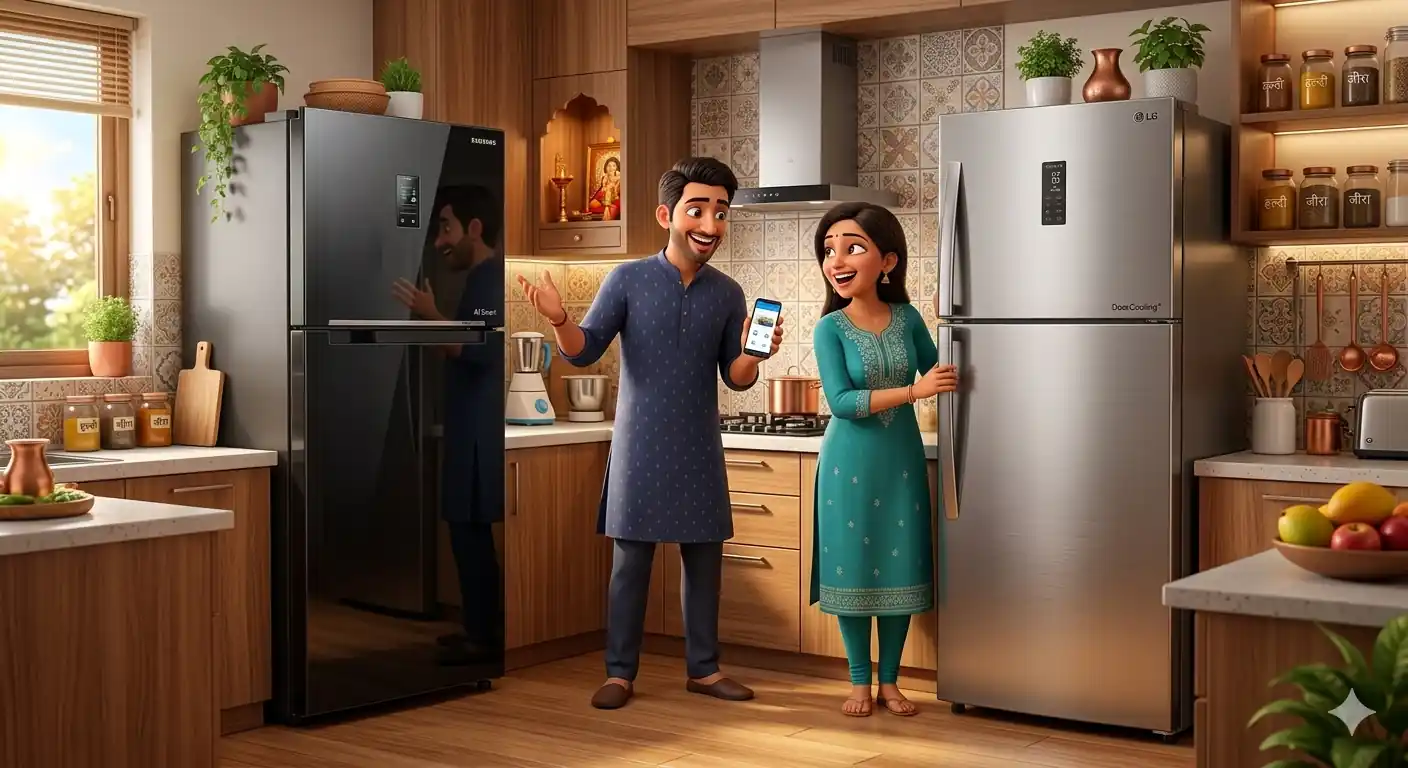 Samsung vs LG double door refrigerator comparison in Indian kitchen with couple choosing best fridge