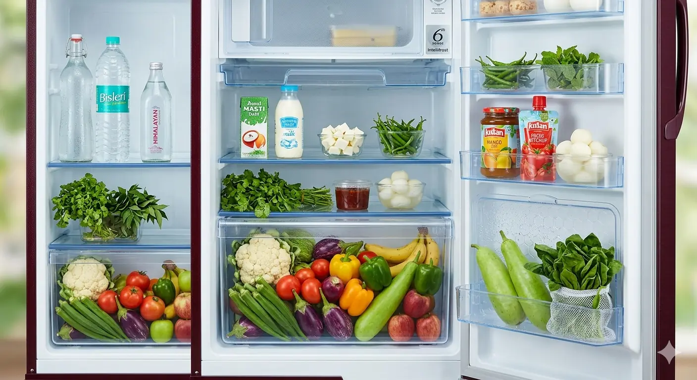 Whirlpool 192 litre refrigerator interior with vegetables fruits and storage compartments