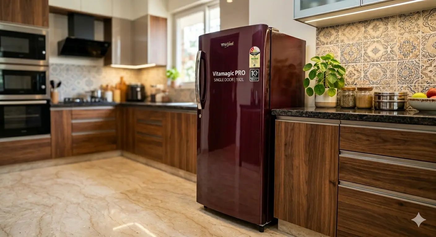 Whirlpool Vitamagic PRO single door fridge placed in modern Indian modular kitchen