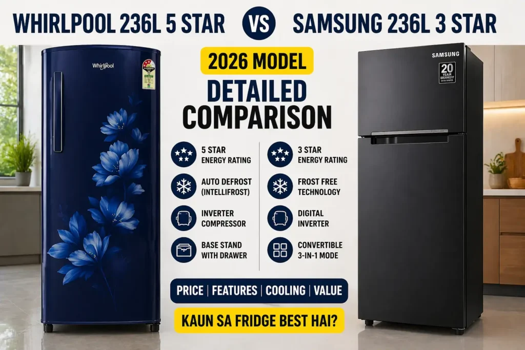 Whirlpool 236L 5 star vs Samsung 236L 3 star refrigerator comparison image with features and design