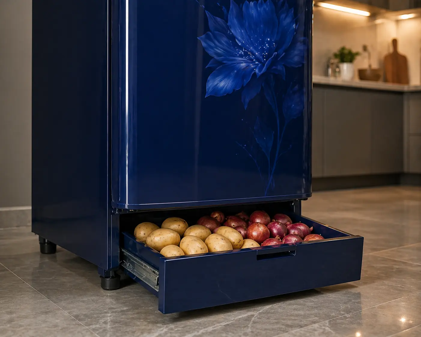 Whirlpool single door fridge base stand drawer storing potatoes and onions