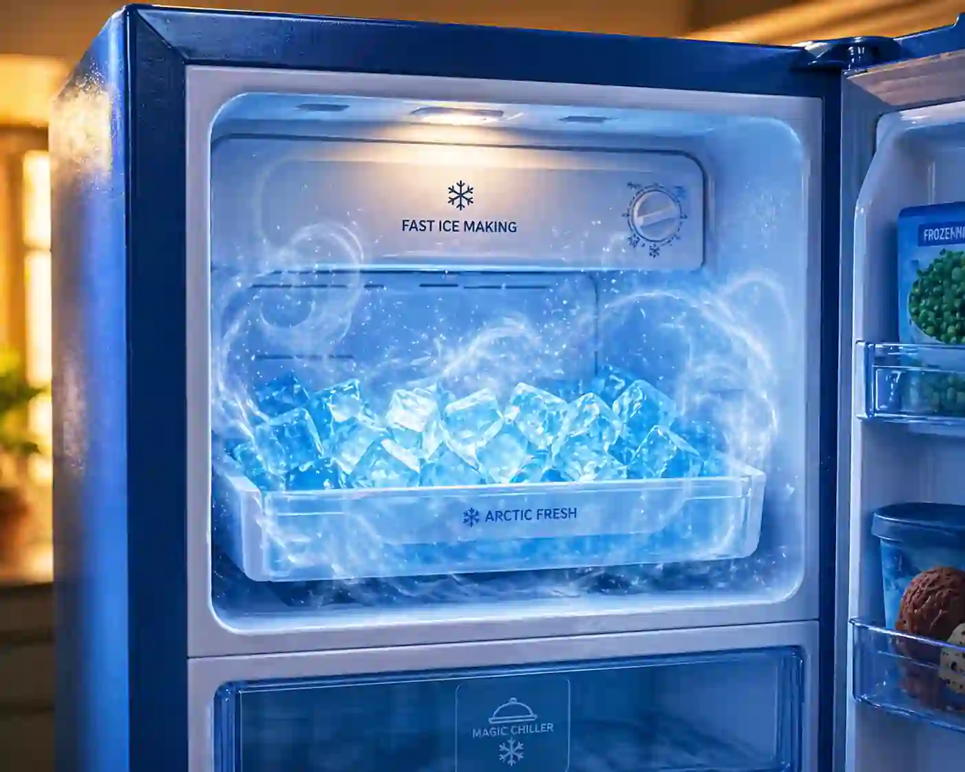 Whirlpool refrigerator fast ice making freezer with ice cubes and cooling effect