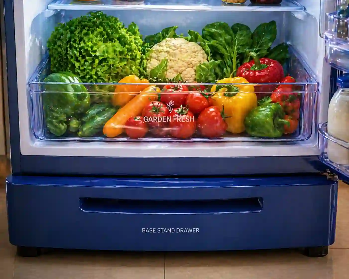 Whirlpool refrigerator vegetable box with fresh vegetables and moisture control storage