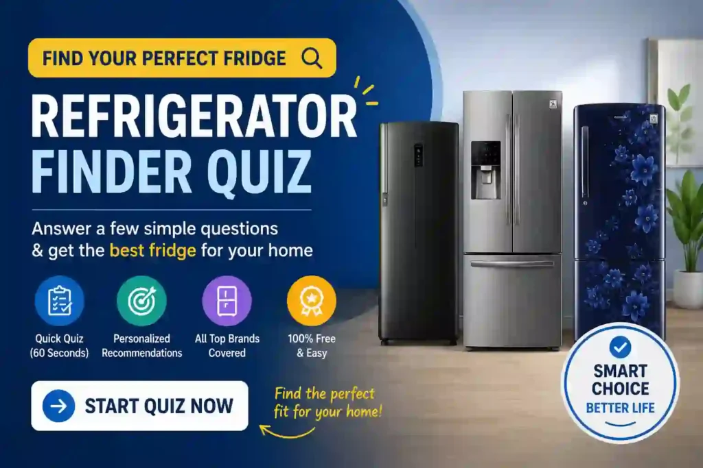 Modern refrigerator finder quiz banner featuring single door, side-by-side and double door refrigerators with smart fridge recommendation interface.