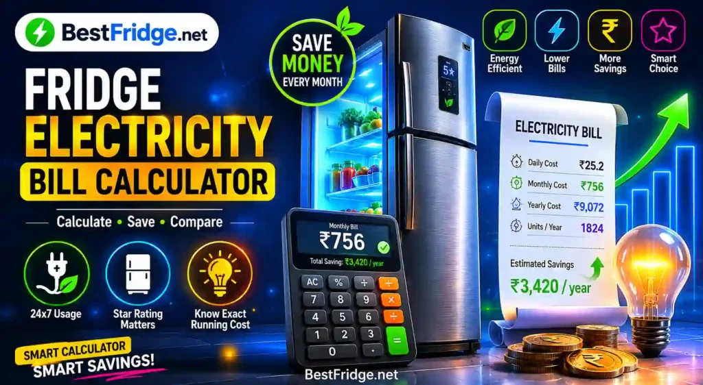 Modern fridge electricity bill calculator graphic featuring a smart refrigerator, calculator, electricity bill receipt, savings icons and energy-efficient appliance visuals with BestFridge.net branding
