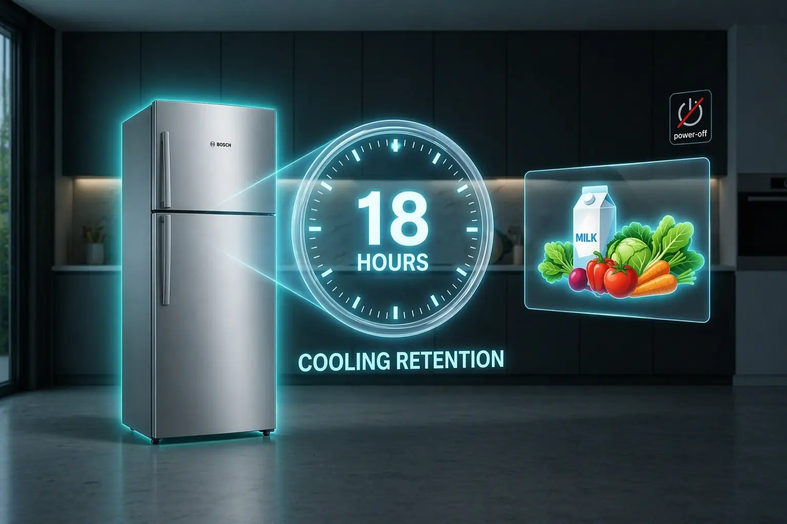 Bosch refrigerator showing 18 hours cooling retention during power cut