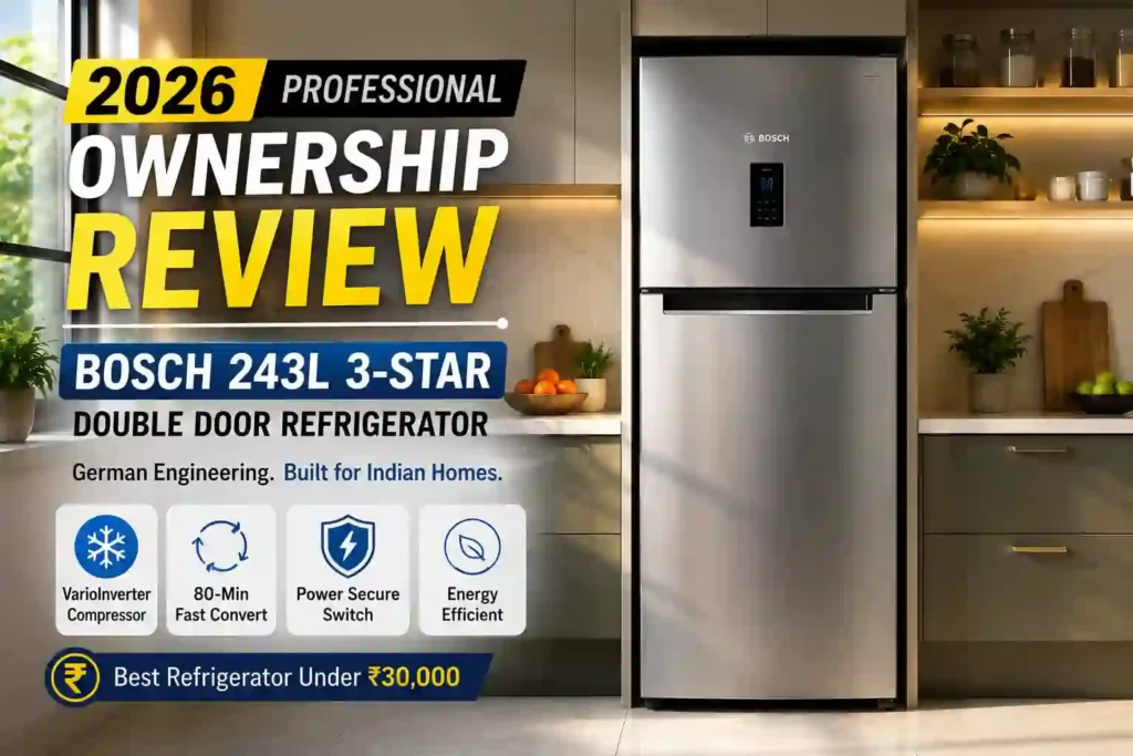Bosch 243L 3-Star double door refrigerator in a modern Indian modular kitchen with professional 2026 ownership review design, highlighting VarioInverter compressor, energy efficiency, and premium features
