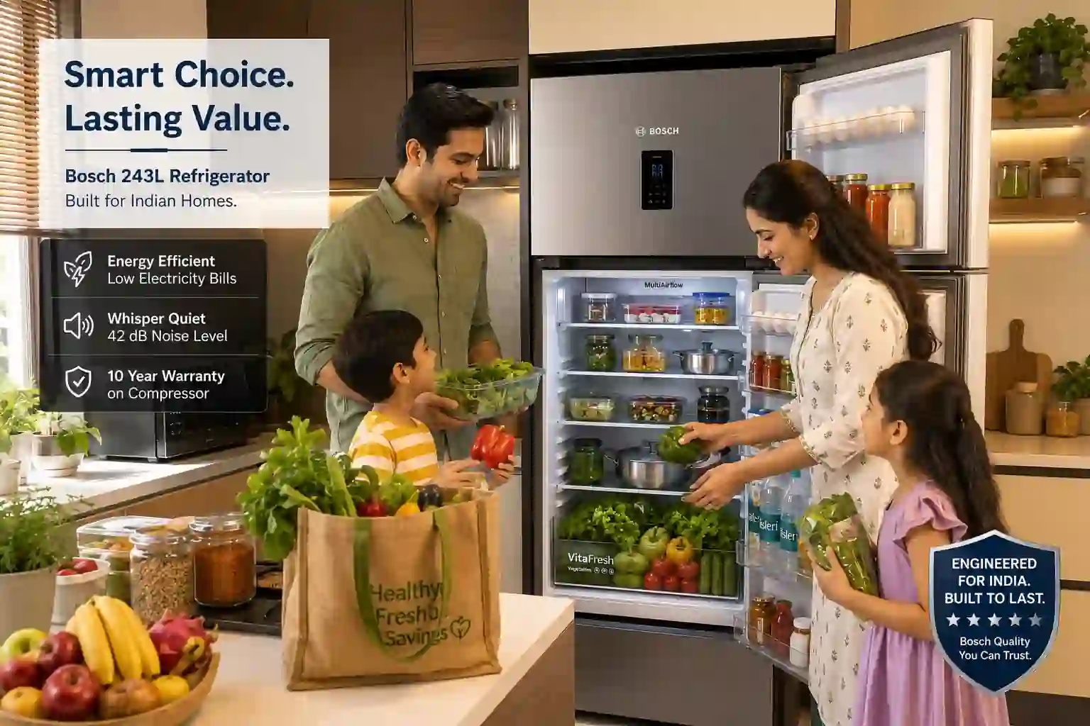 Indian family organizing groceries inside Bosch 243L double door refrigerator in a premium modular kitchen, highlighting VitaFresh storage, low electricity bills, and long-term ownership value.