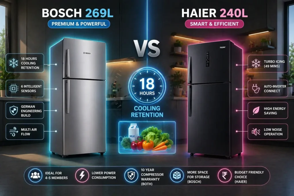 Bosch 269L vs Haier 240L refrigerator comparison image showing features and differences
