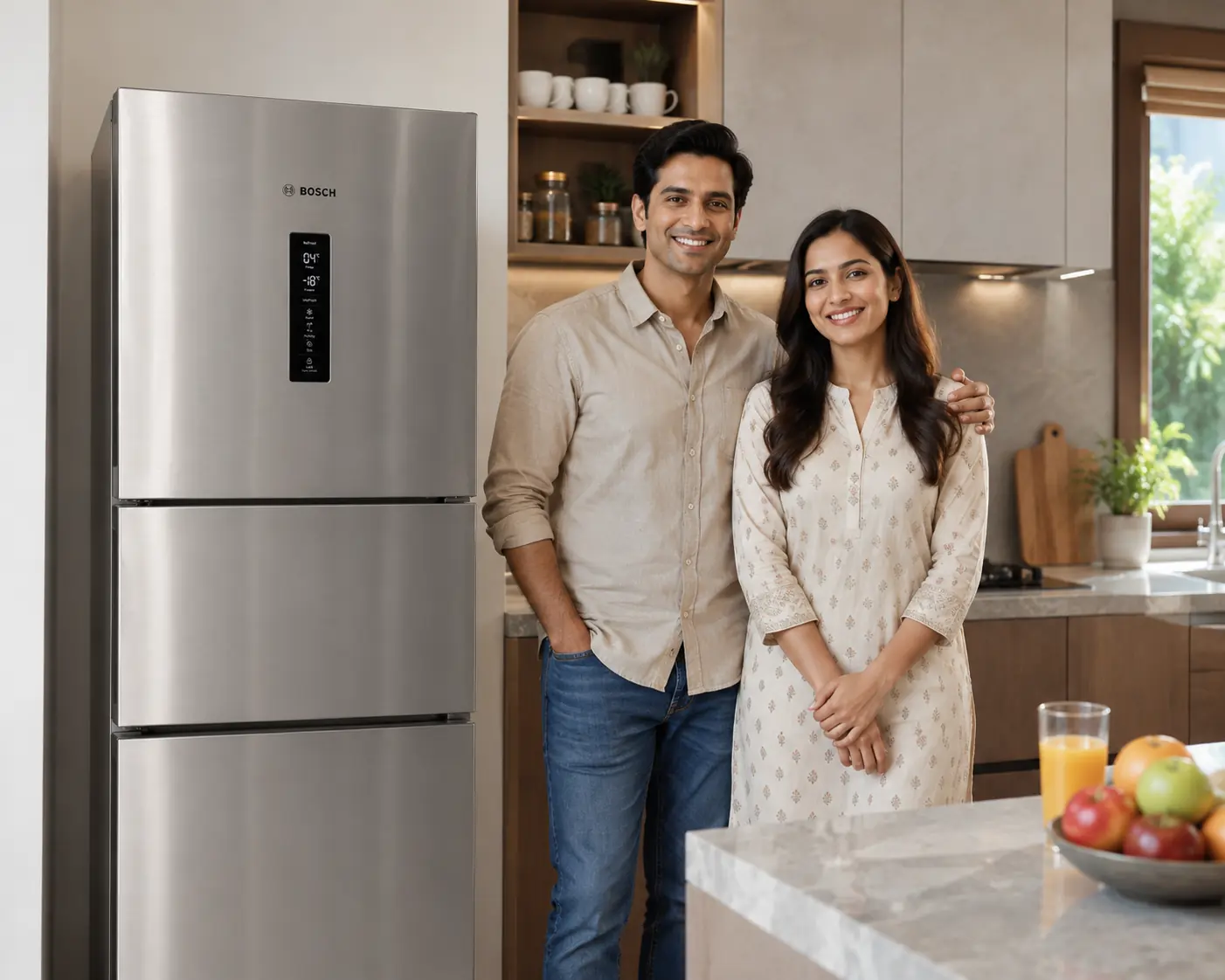 Happy modern Indian couple standing beside Bosch 303L premium silver triple door refrigerator in stylish kitchen interior.