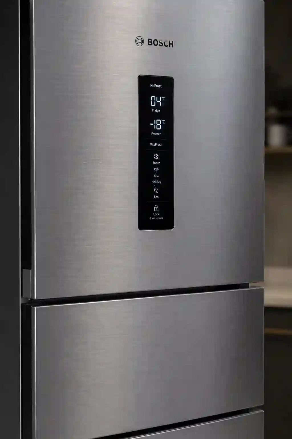 Close-up of Bosch 303L triple door refrigerator exterior featuring sleek digital touch control panel with shiny silver metallic finish.