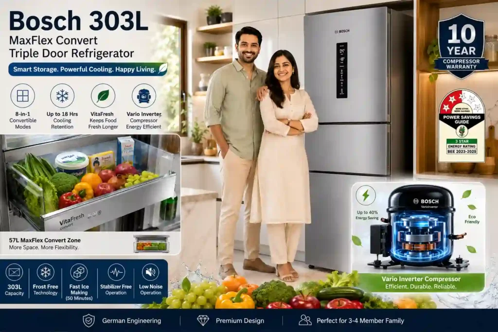 Bosch 303L MaxFlex Convert triple door refrigerator promotional featured image showing key features, convertible storage, inverter compressor, and modern family lifestyle.