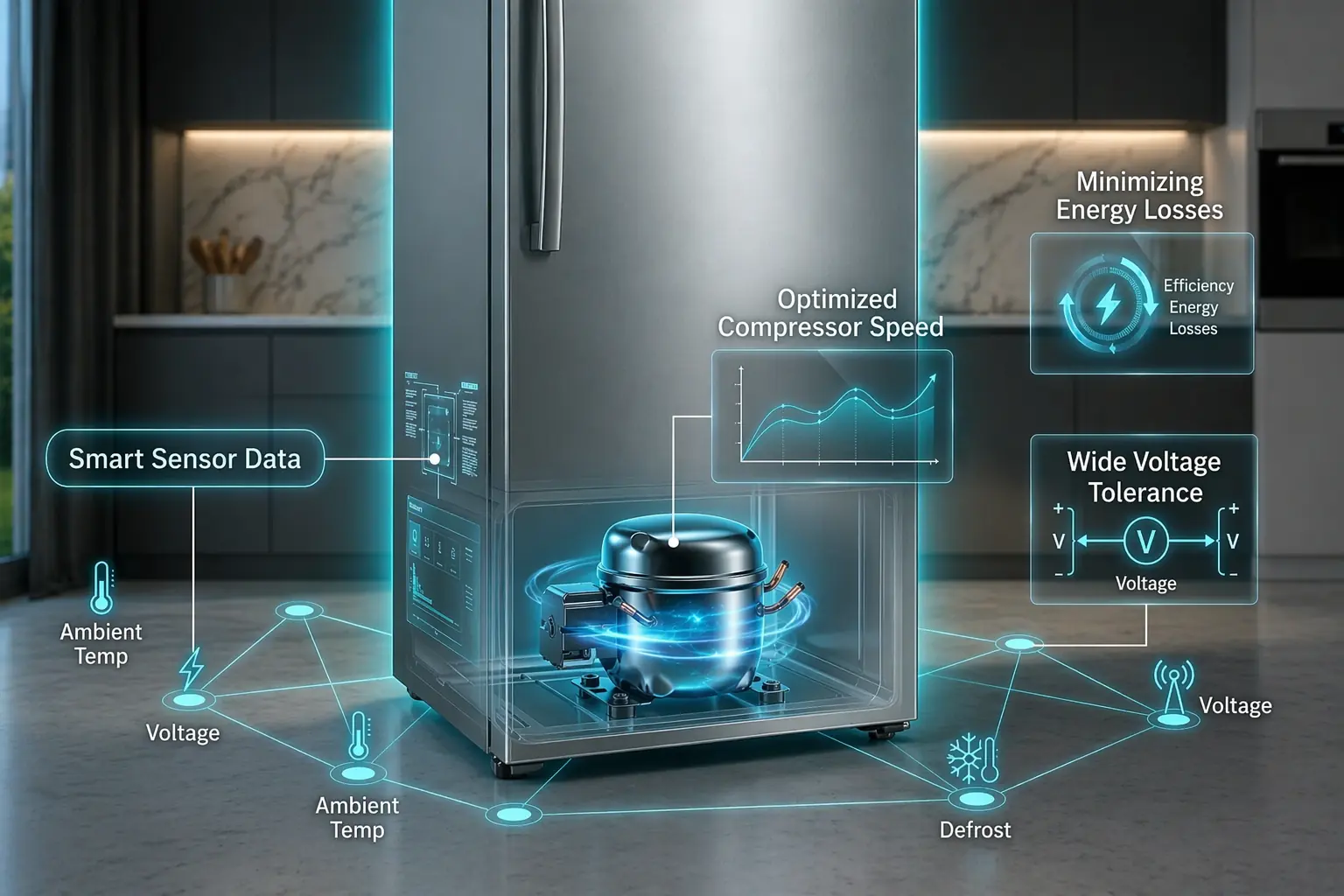 Bosch refrigerator smart compressor with sensor technology and energy optimization system