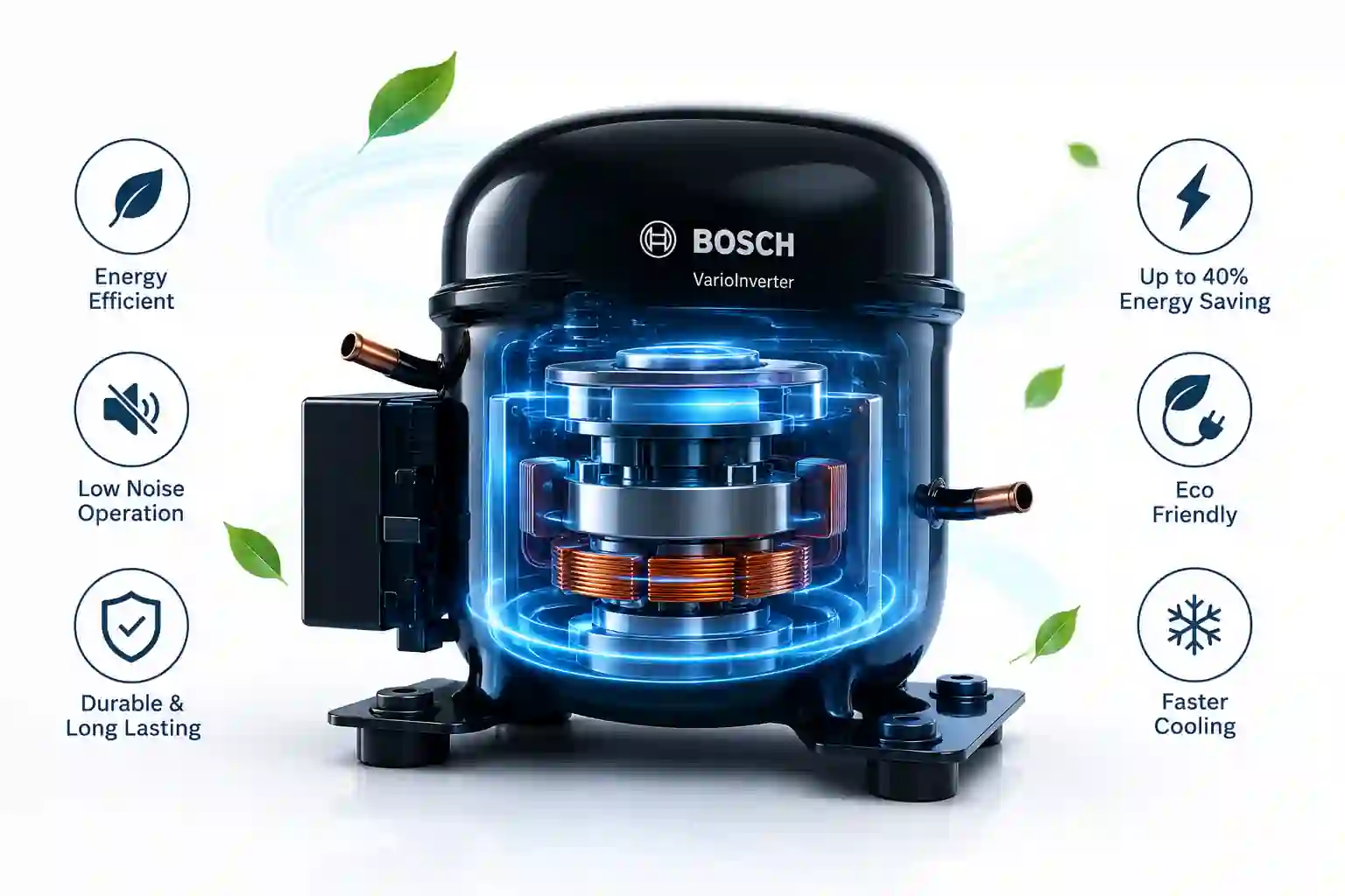 Conceptual 3D illustration of Bosch Vario Inverter compressor with glowing blue energy-efficient cooling system and eco-friendly icons.