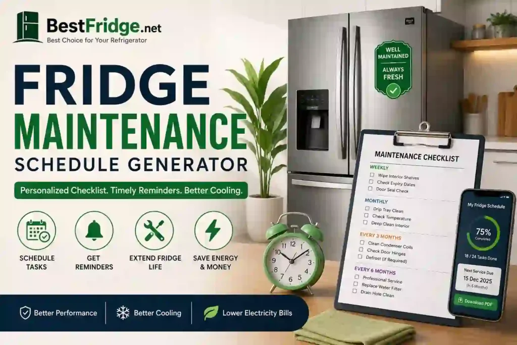 Fridge maintenance schedule generator tool with refrigerator cleaning checklist, reminder system, and appliance care dashboard by BestFridge.net