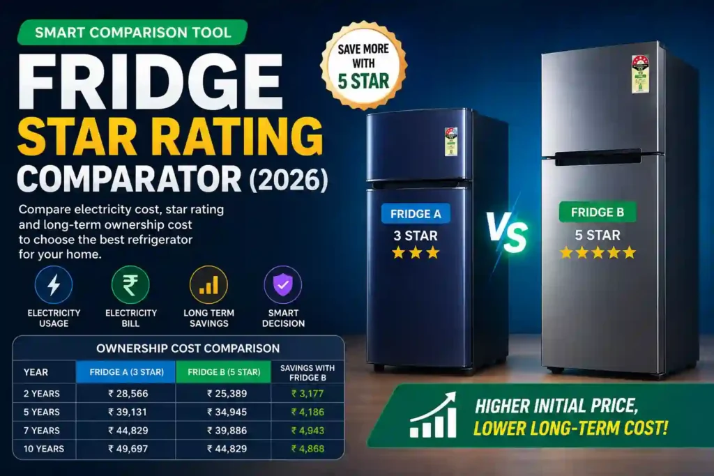 Professional infographic showing Fridge Star Rating Comparator tool with 3-Star vs 5-Star refrigerator electricity bill and long-term ownership cost comparison.