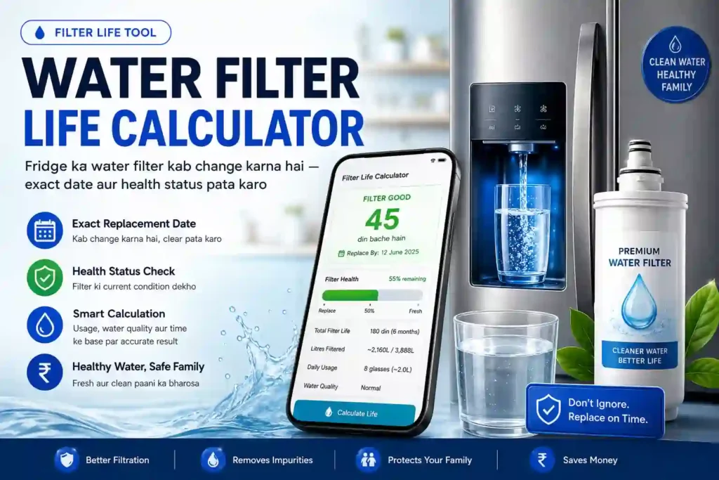 Fridge Water Filter Life Calculator showing filter health percentage, replacement date, water usage tracking and refrigerator water filtration system.