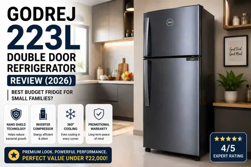 Godrej 223L double door refrigerator review 2026 featured image with premium steel glow finish in modern Indian kitchen