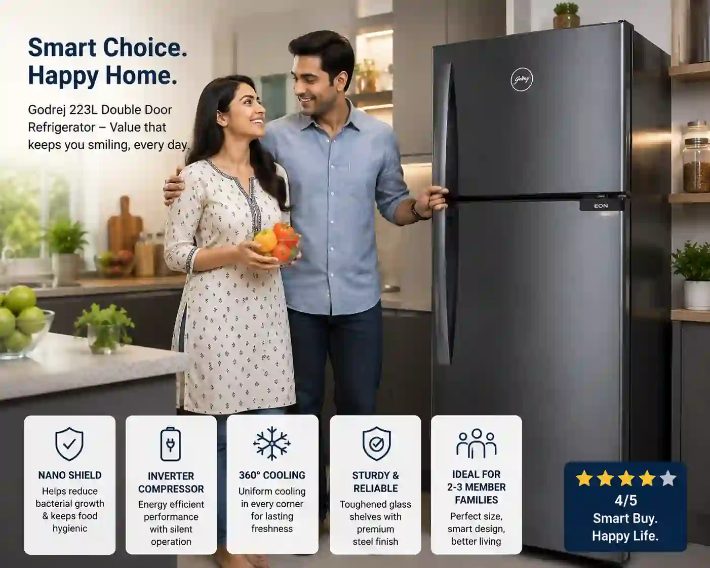 Happy Indian couple using Godrej 223L steel glow double door refrigerator in stylish modern kitchen