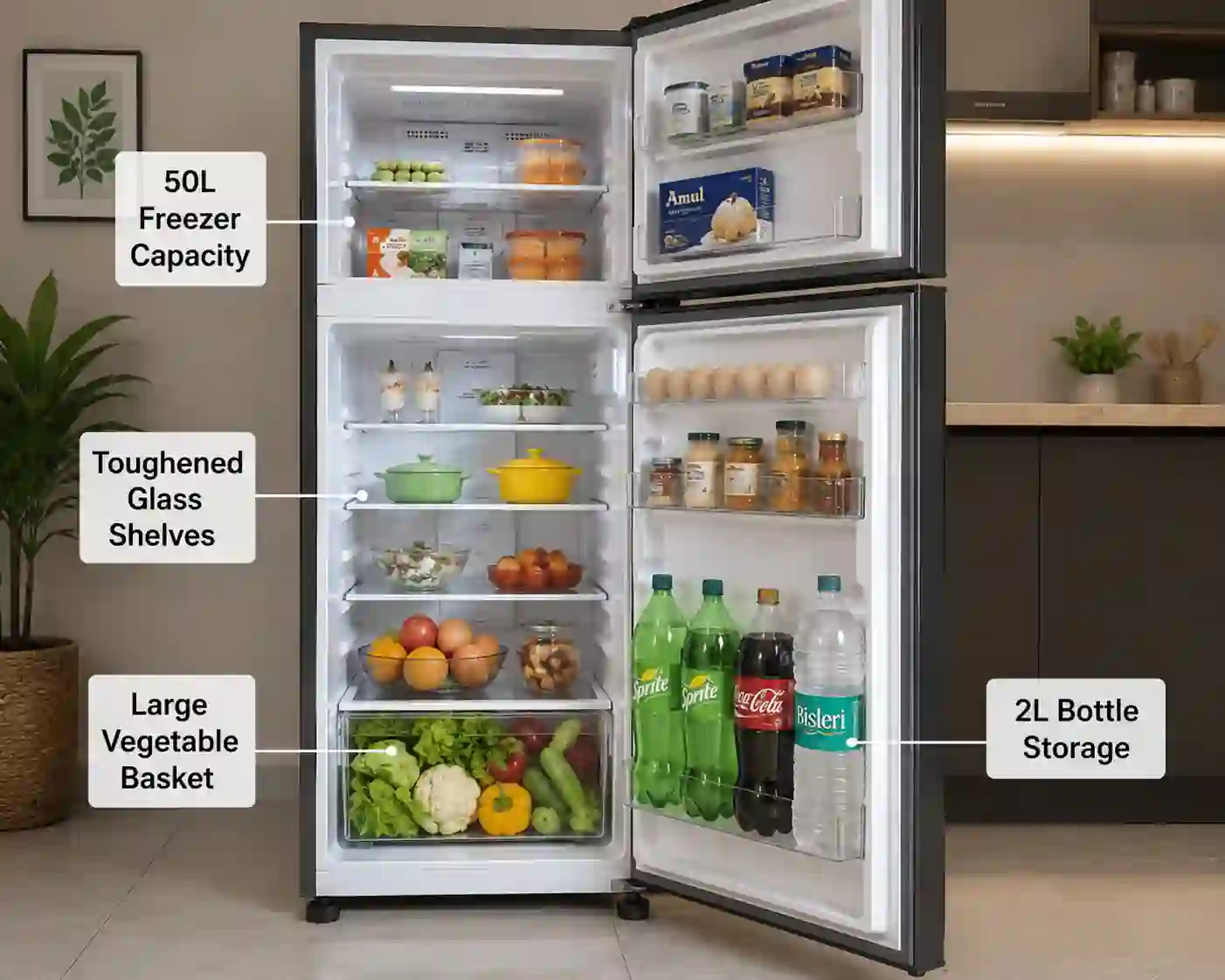 Open interior view of Godrej 223L refrigerator with storage shelves vegetable basket and freezer layout